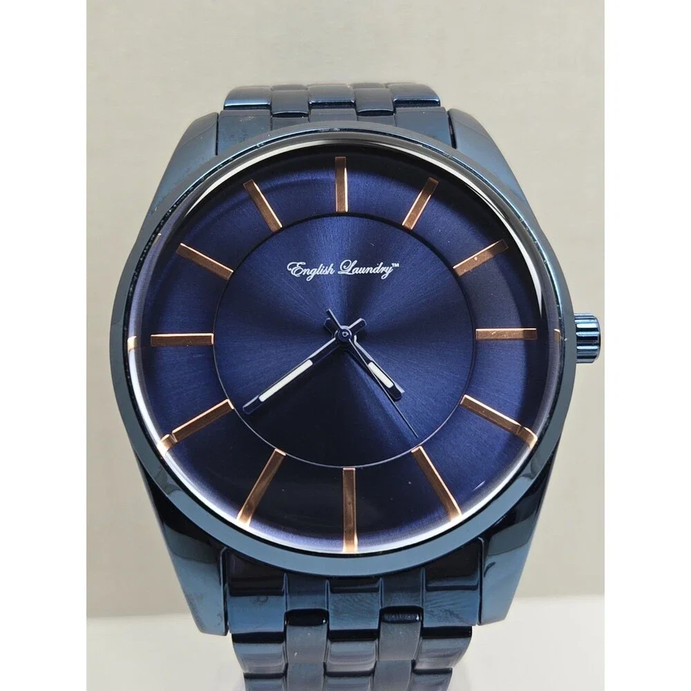 English Laundry EL7957 Mens Blue Rose Gold 45mm Quartz Classic Watch New Battery